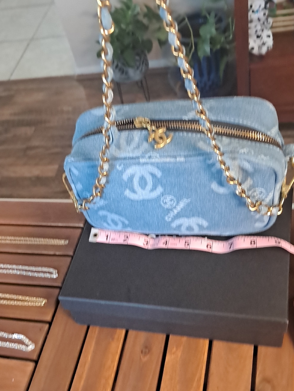 Source Unknown Light Blue Denim Crossbody with Gold Chain Strap